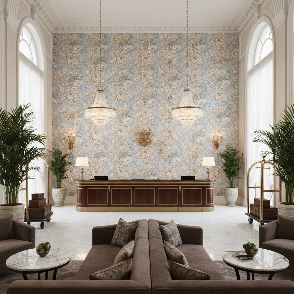 WESTMONT Fabrics (AF15108) – Spa Blue | Thibaut - Hotel Lobby Visualization (AI-generated, may not be to scale. Verify pattern scale with product specifications.)