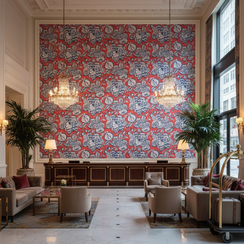 WESTMONT Fabrics (AF15109) – Red and Blue | Thibaut - Hotel Lobby Visualization (AI-generated, may not be to scale. Verify pattern scale with product specifications.)