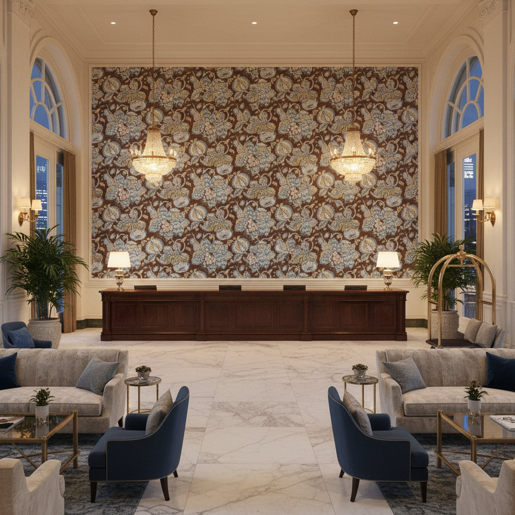 WESTMONT Fabrics (AF15110) – Brown and Slate | Thibaut - Hotel Lobby Visualization (AI-generated, may not be to scale. Verify pattern scale with product specifications.)