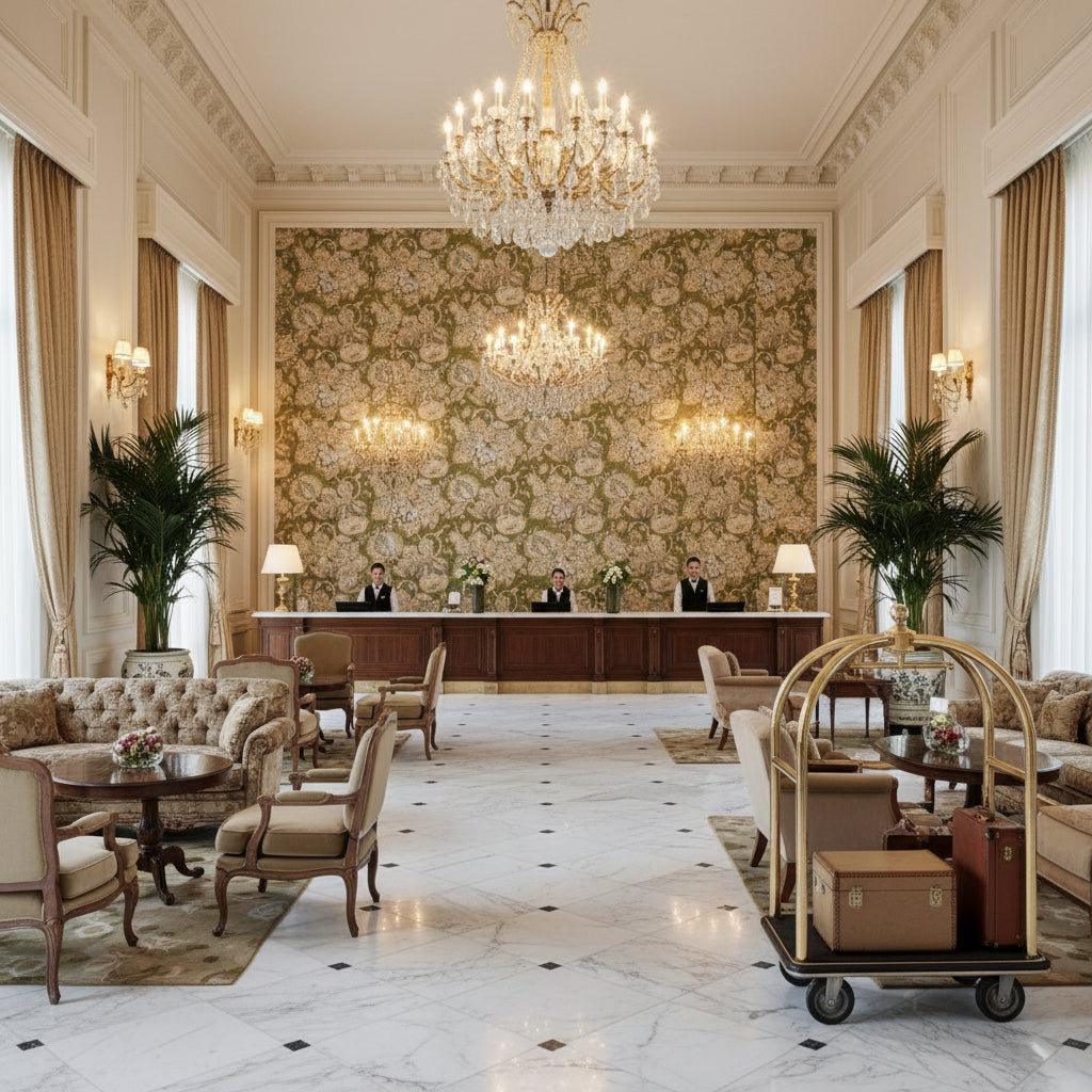 WESTMONT Fabrics (AF15111) – Green | Thibaut - Hotel Lobby Visualization (AI-generated, may not be to scale. Verify pattern scale with product specifications.)