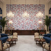 INDIENNE HAZEL Fabrics (AF15115) – Red and Blue | Thibaut - Hotel Lobby Visualization (AI-generated, may not be to scale. Verify pattern scale with product specifications.)