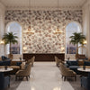 INDIENNE HAZEL Fabrics (AF15117) – Brown and Slate | Thibaut - Hotel Lobby Visualization (AI-generated, may not be to scale. Verify pattern scale with product specifications.)