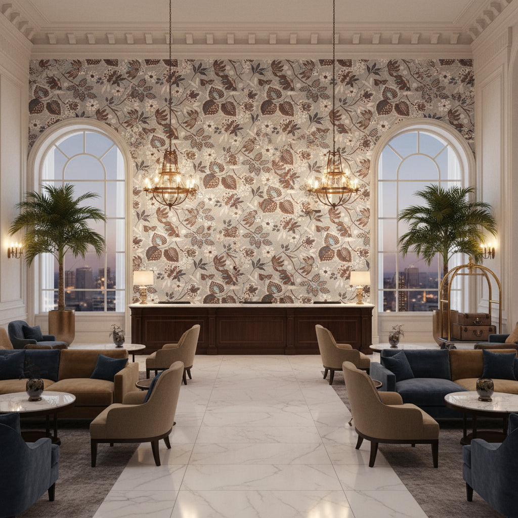 INDIENNE HAZEL Fabrics (AF15117) – Brown and Slate | Thibaut - Hotel Lobby Visualization (AI-generated, may not be to scale. Verify pattern scale with product specifications.)