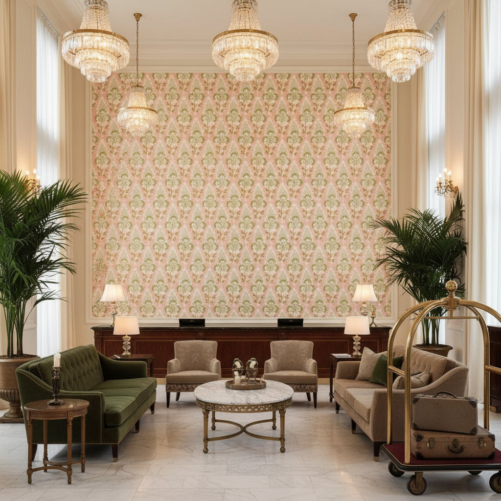 CORNWALL Fabrics (AF15119) – Blush | Thibaut - Hotel Lobby Visualization (AI-generated, may not be to scale. Verify pattern scale with product specifications.)