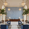 CORNWALL Fabrics (AF15120) – Blue | Thibaut - Hotel Lobby Visualization (AI-generated, may not be to scale. Verify pattern scale with product specifications.)