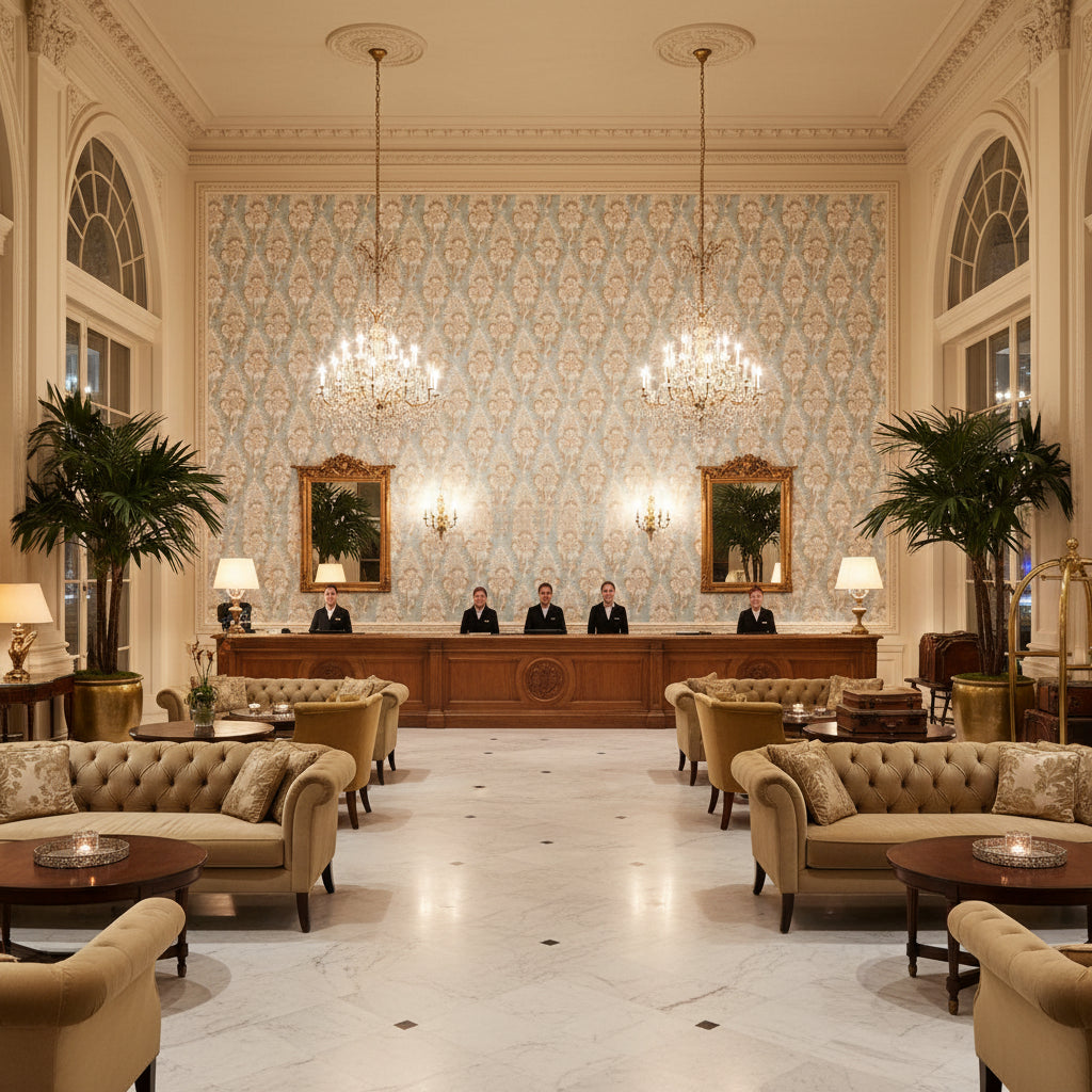 CORNWALL Fabrics (AF15123) – Spa Blue | Thibaut - Hotel Lobby Visualization (AI-generated, may not be to scale. Verify pattern scale with product specifications.)