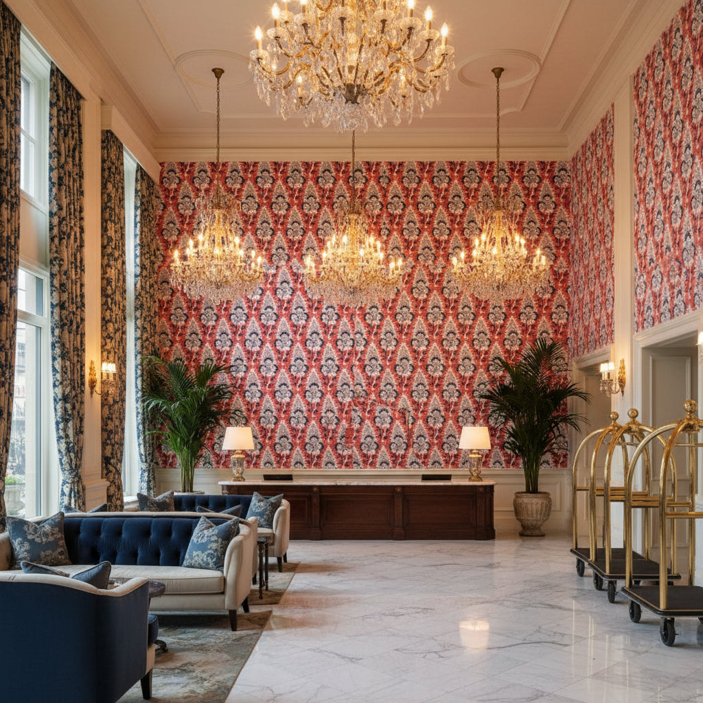 CORNWALL Wallcoverings (AF15124) – Red and Blue | Thibaut - Hotel Lobby Visualization (AI-generated, may not be to scale. Verify pattern scale with product specifications.)