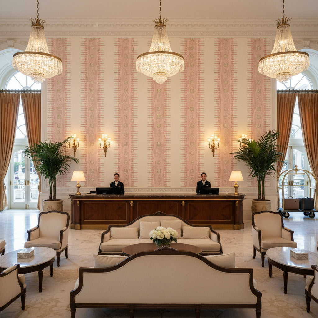 JAVANESE STRIPE Fabrics (AF15135) – Blush | Thibaut - Hotel Lobby Visualization (AI-generated, may not be to scale. Verify pattern scale with product specifications.)