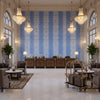 JAVANESE STRIPE Fabrics (AF15141) – cornflower blue | Thibaut - Hotel Lobby Visualization (AI-generated, may not be to scale. Verify pattern scale with product specifications.)