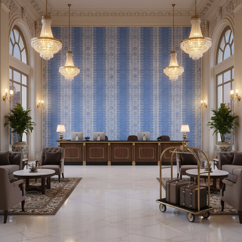 JAVANESE STRIPE Fabrics (AF15141) – cornflower blue | Thibaut - Hotel Lobby Visualization (AI-generated, may not be to scale. Verify pattern scale with product specifications.)