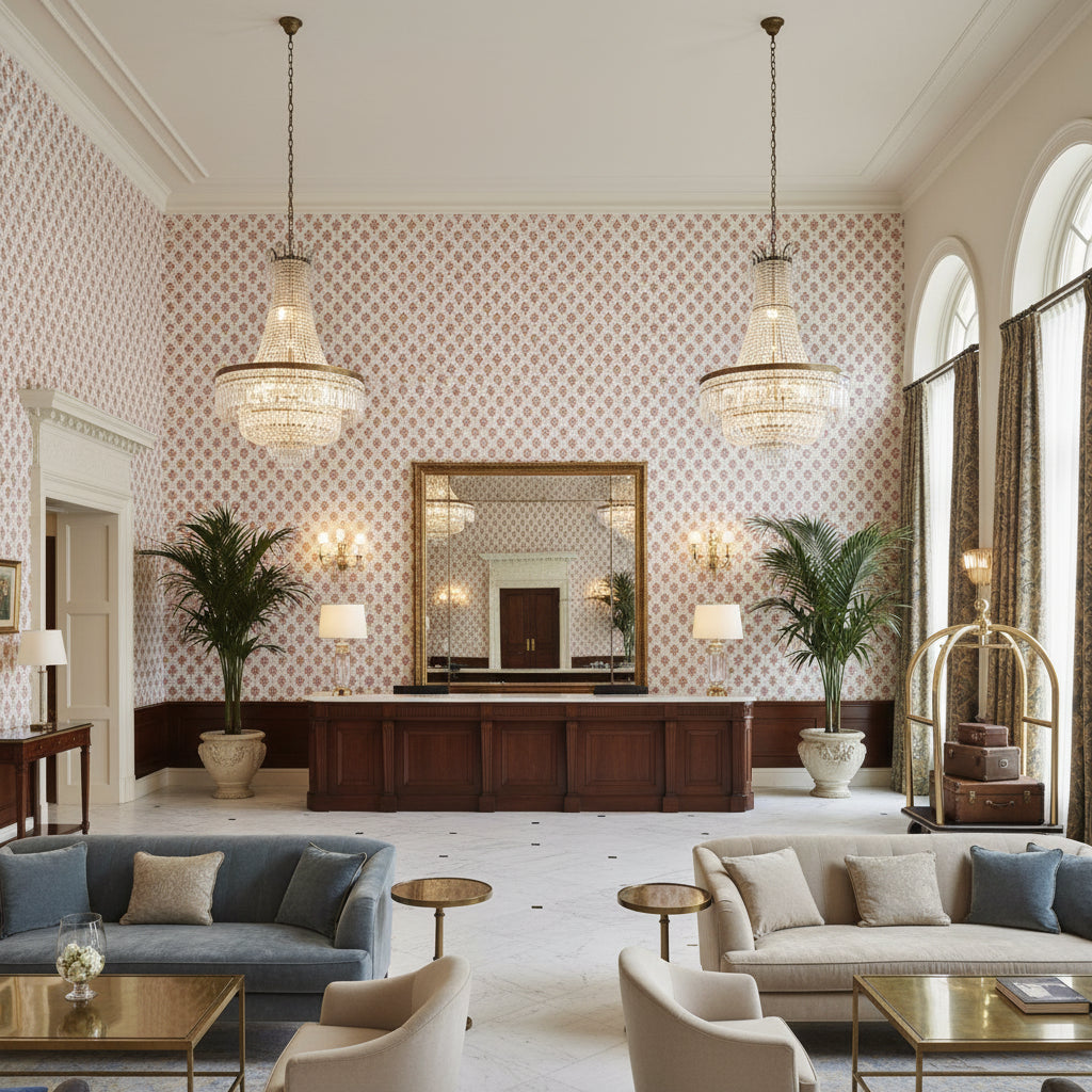 JULIAN Fabrics (AF15162) – Blush | Thibaut - Hotel Lobby Visualization (AI-generated, may not be to scale. Verify pattern scale with product specifications.)