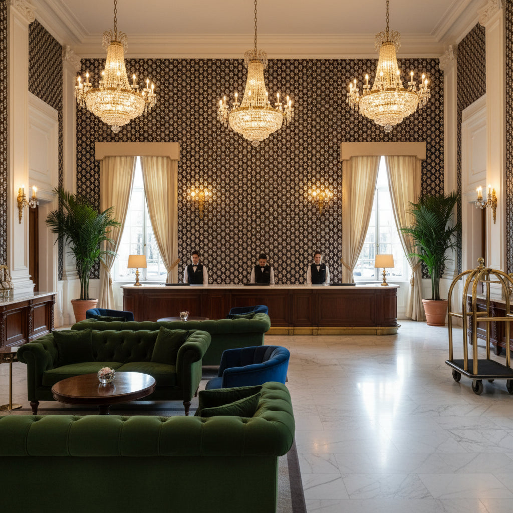 JULIAN Wallcoverings (AF15164) – espresso | Thibaut - Hotel Lobby Visualization (AI-generated, may not be to scale. Verify pattern scale with product specifications.)