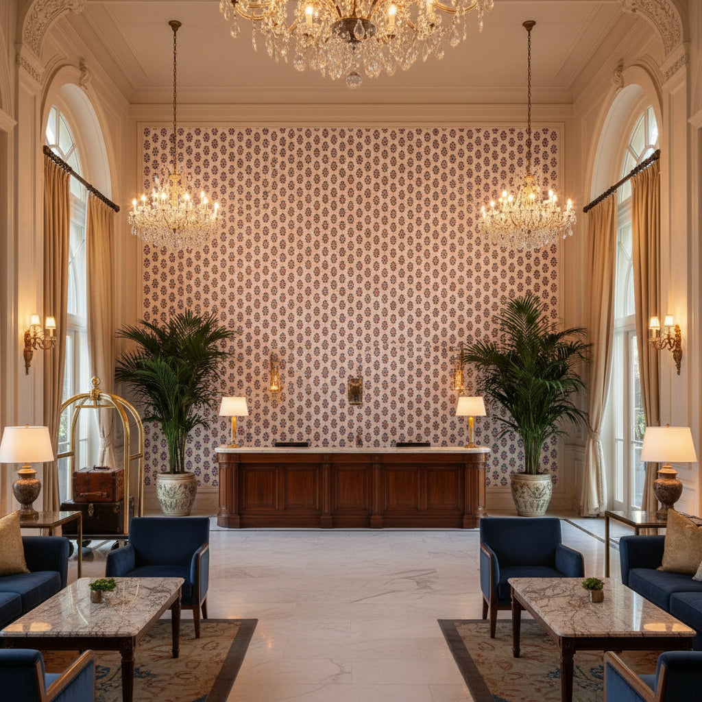 JULIAN Fabrics (AF15166) – ivory | Thibaut - Hotel Lobby Visualization (AI-generated, may not be to scale. Verify pattern scale with product specifications.)