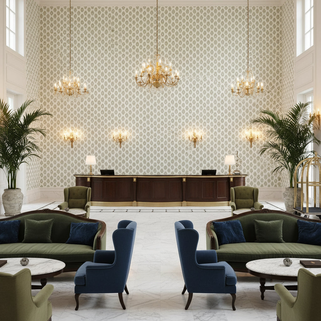 JULIAN Fabrics (AF15167) – Green and Beige | Thibaut - Hotel Lobby Visualization (AI-generated, may not be to scale. Verify pattern scale with product specifications.)