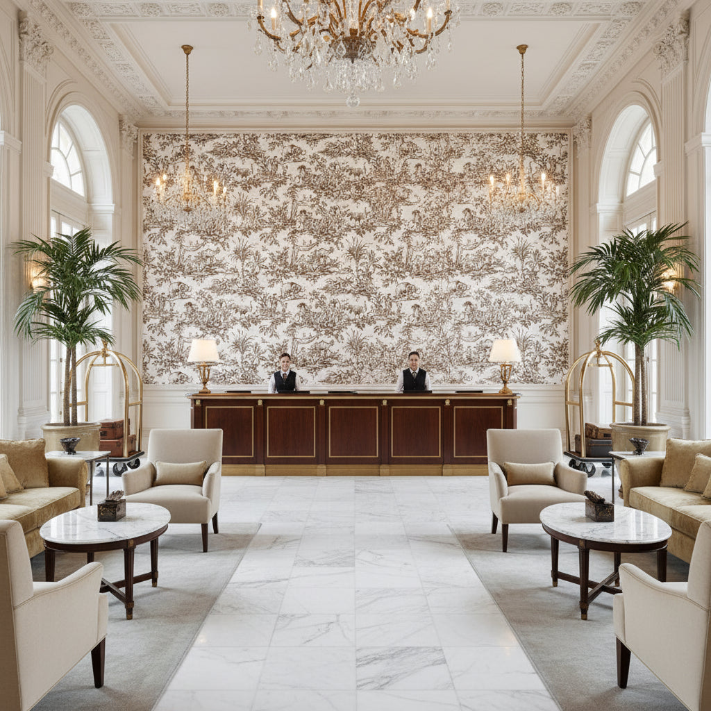 ANTILLES TOILE Fabrics (AF15169) – espresso | Thibaut - Hotel Lobby Visualization (AI-generated, may not be to scale. Verify pattern scale with product specifications.)