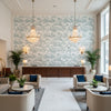 ANTILLES TOILE Fabrics (AF15170) – Spa Blue | Thibaut - Hotel Lobby Visualization (AI-generated, may not be to scale. Verify pattern scale with product specifications.)