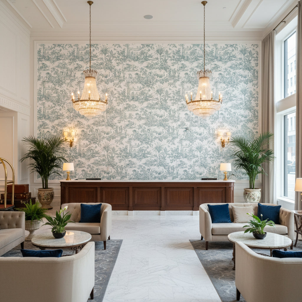 ANTILLES TOILE Fabrics (AF15170) – Spa Blue | Thibaut - Hotel Lobby Visualization (AI-generated, may not be to scale. Verify pattern scale with product specifications.)
