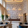 ANTILLES TOILE Fabrics (AF15171) – Navy | Thibaut - Hotel Lobby Visualization (AI-generated, may not be to scale. Verify pattern scale with product specifications.)