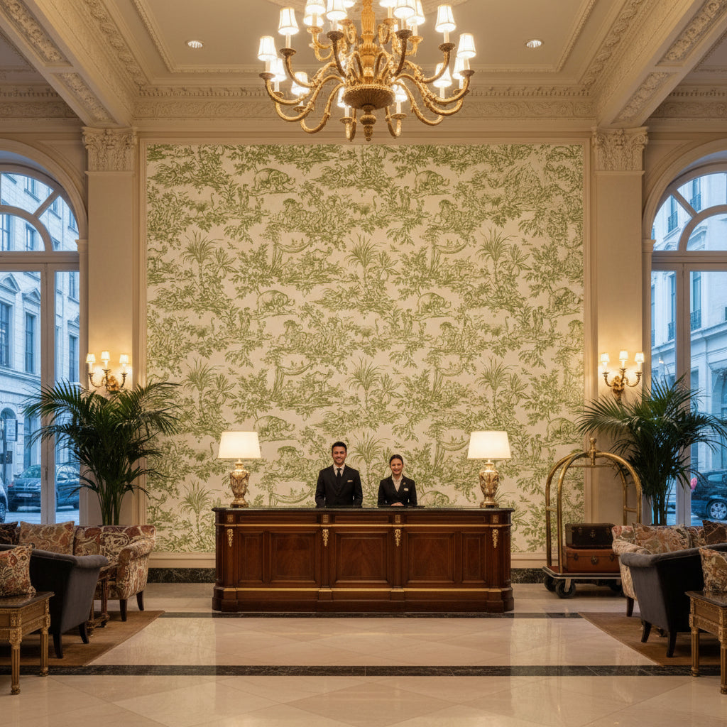 ANTILLES TOILE Fabrics (AF15172) – Green | Thibaut - Hotel Lobby Visualization (AI-generated, may not be to scale. Verify pattern scale with product specifications.)