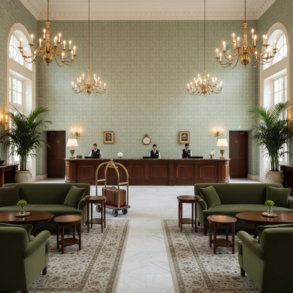 HOLLY TRELLIS Fabrics (AF16124) – Sage | Thibaut - Hotel Lobby Visualization (AI-generated, may not be to scale. Verify pattern scale with product specifications.)