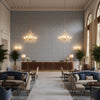 HOLLY TRELLIS Fabrics (AF16125) – Blue | Thibaut - Hotel Lobby Visualization (AI-generated, may not be to scale. Verify pattern scale with product specifications.)