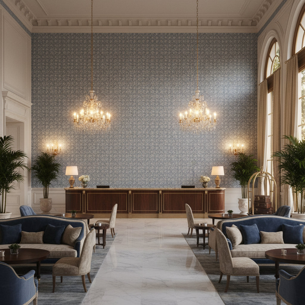 HOLLY TRELLIS Fabrics (AF16125) – Blue | Thibaut - Hotel Lobby Visualization (AI-generated, may not be to scale. Verify pattern scale with product specifications.)
