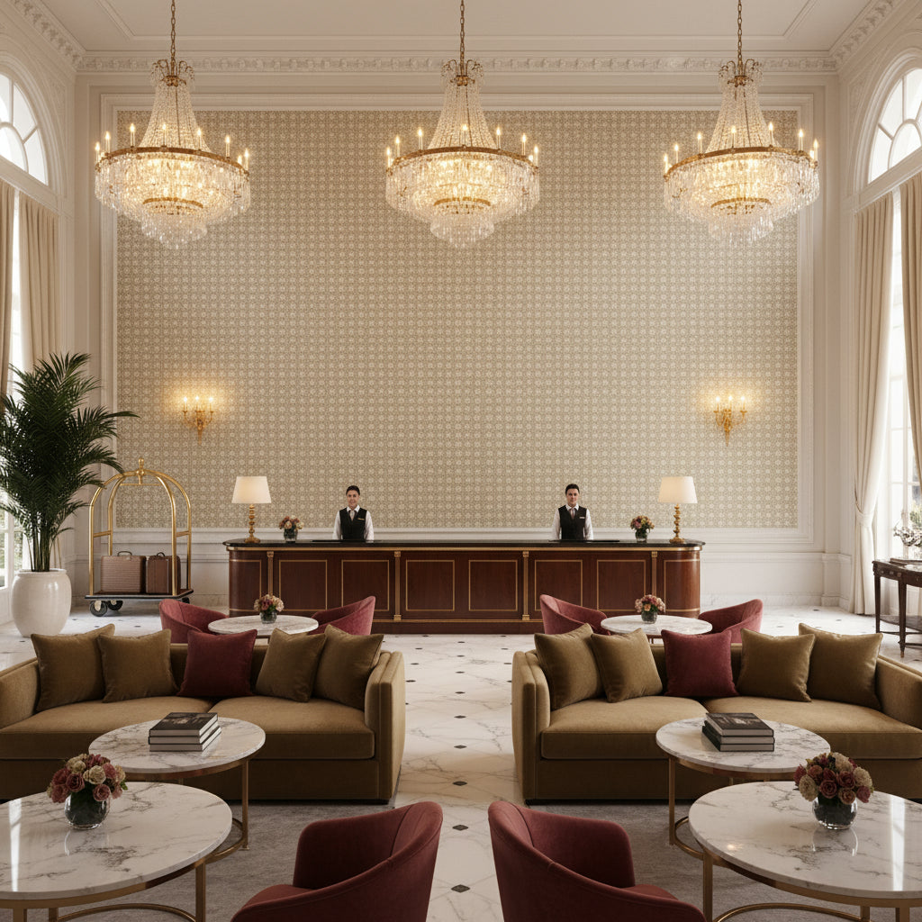 HOLLY TRELLIS Fabrics (AF16126) – Beige | Thibaut - Hotel Lobby Visualization (AI-generated, may not be to scale. Verify pattern scale with product specifications.)