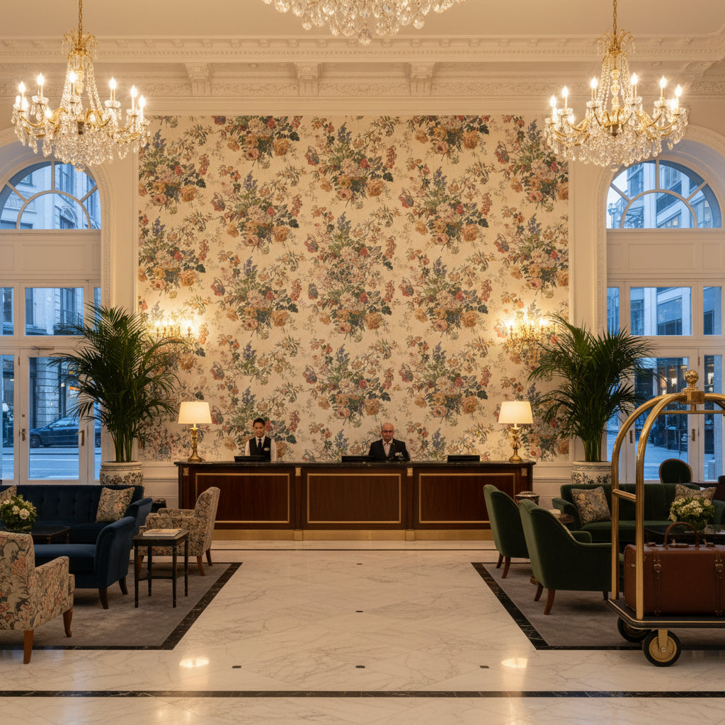 GARDEN CLUB Fabrics (AF16133) – Apricot and Slate | Thibaut - Hotel Lobby Visualization (AI-generated, may not be to scale. Verify pattern scale with product specifications.)