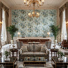 GARDEN CLUB Fabrics (AF16134) – Blue | Thibaut - Hotel Lobby Visualization (AI-generated, may not be to scale. Verify pattern scale with product specifications.)