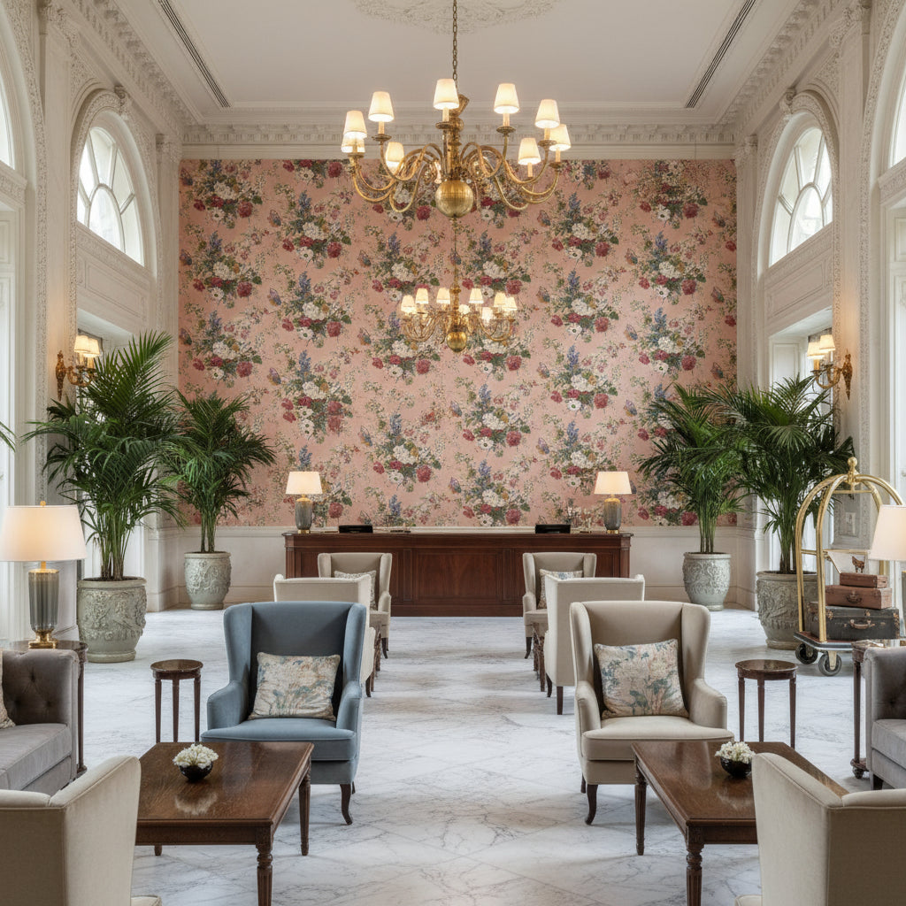 GARDEN CLUB Fabrics (AF16136) – Blush | Thibaut - Hotel Lobby Visualization (AI-generated, may not be to scale. Verify pattern scale with product specifications.)