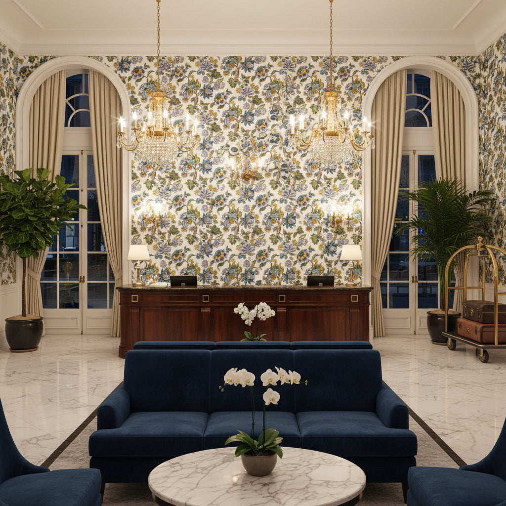 STOCKBRIDGE Fabrics (AF16137) – Lavender and Blue | Thibaut - Hotel Lobby Visualization (AI-generated, may not be to scale. Verify pattern scale with product specifications.)