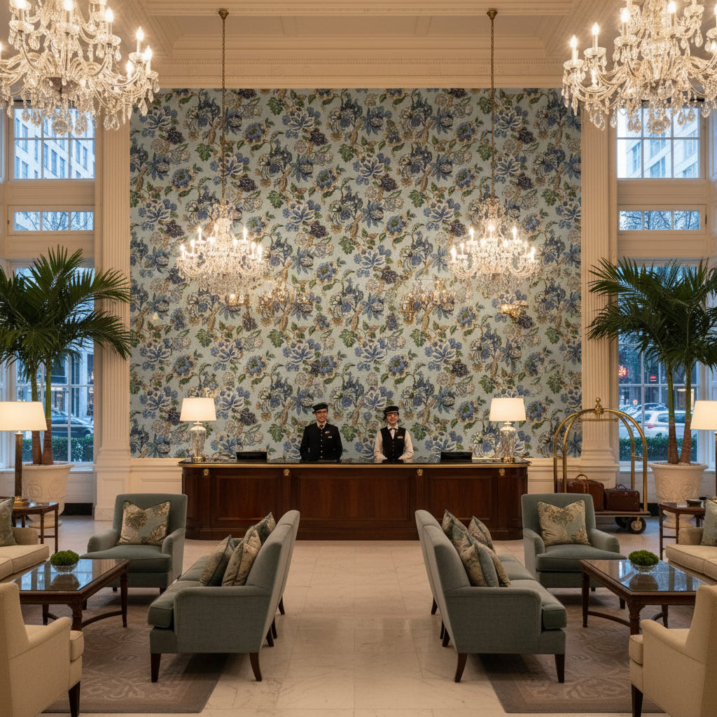 STOCKBRIDGE Fabrics (AF16138) – Blue | Thibaut - Hotel Lobby Visualization (AI-generated, may not be to scale. Verify pattern scale with product specifications.)
