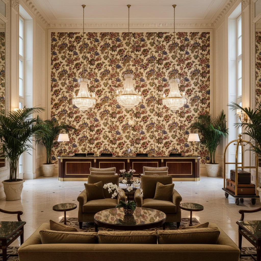 STOCKBRIDGE Fabrics (AF16139) – Apricot and Slate | Thibaut - Hotel Lobby Visualization (AI-generated, may not be to scale. Verify pattern scale with product specifications.)