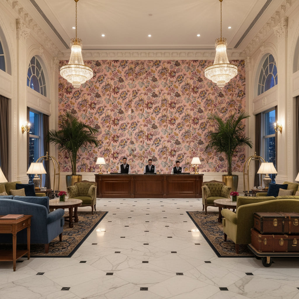 STOCKBRIDGE Fabrics (AF16140) – Blush | Thibaut - Hotel Lobby Visualization (AI-generated, may not be to scale. Verify pattern scale with product specifications.)