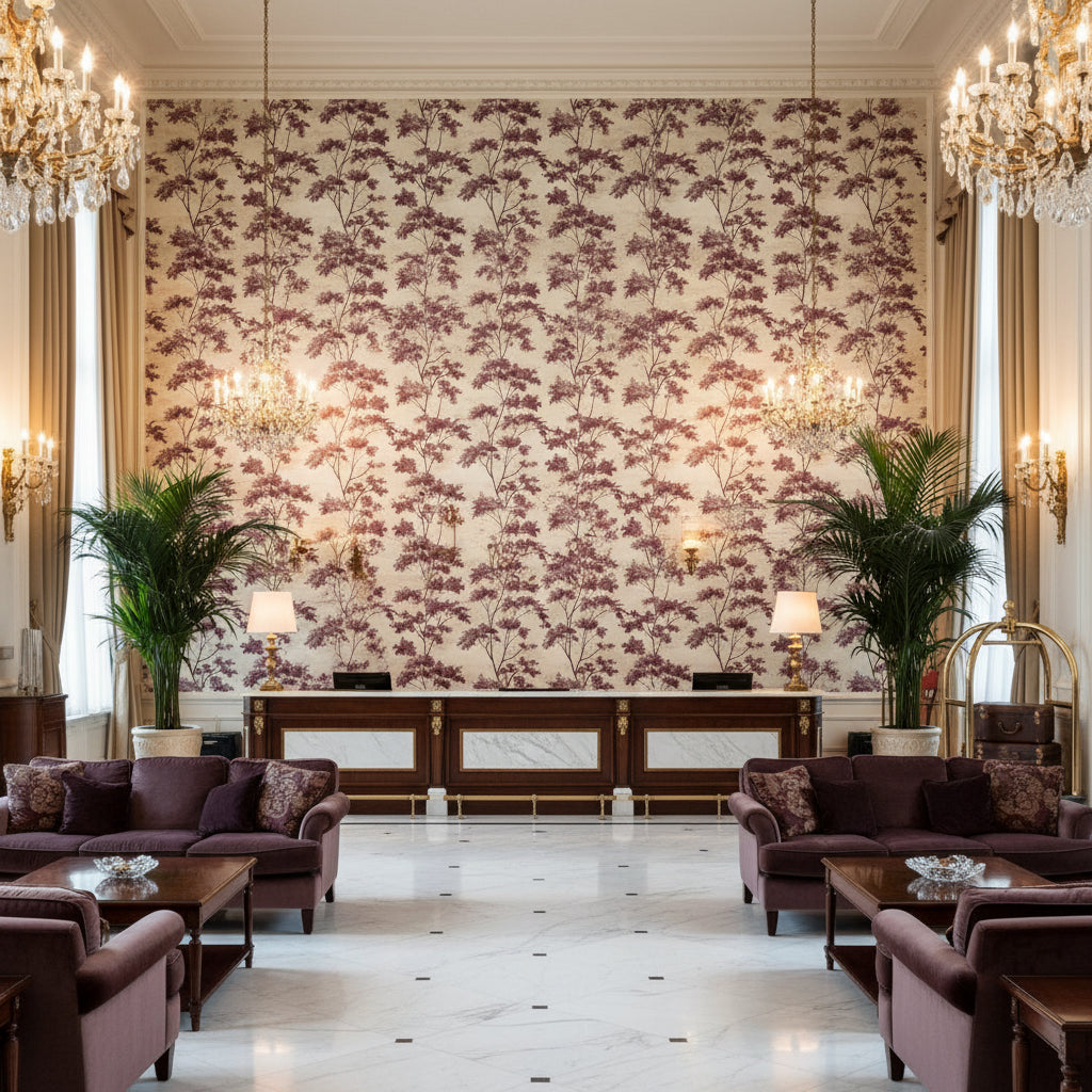 DALTON Fabrics (AF16167) – Eggplant | Thibaut - Hotel Lobby Visualization (AI-generated, may not be to scale. Verify pattern scale with product specifications.)
