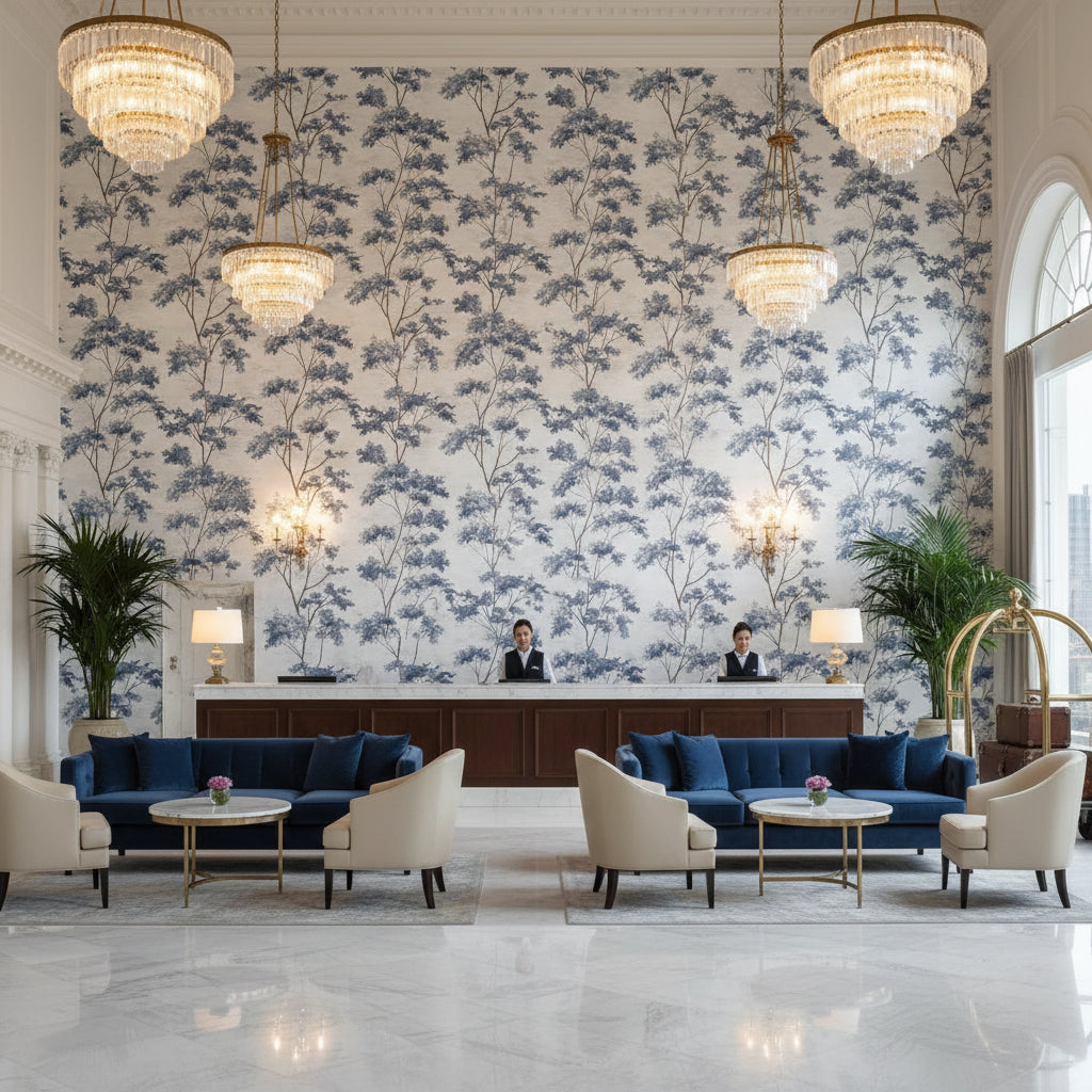 DALTON Fabrics (AF16168) – Grey and Spa Blue | Thibaut - Hotel Lobby Visualization (AI-generated, may not be to scale. Verify pattern scale with product specifications.)