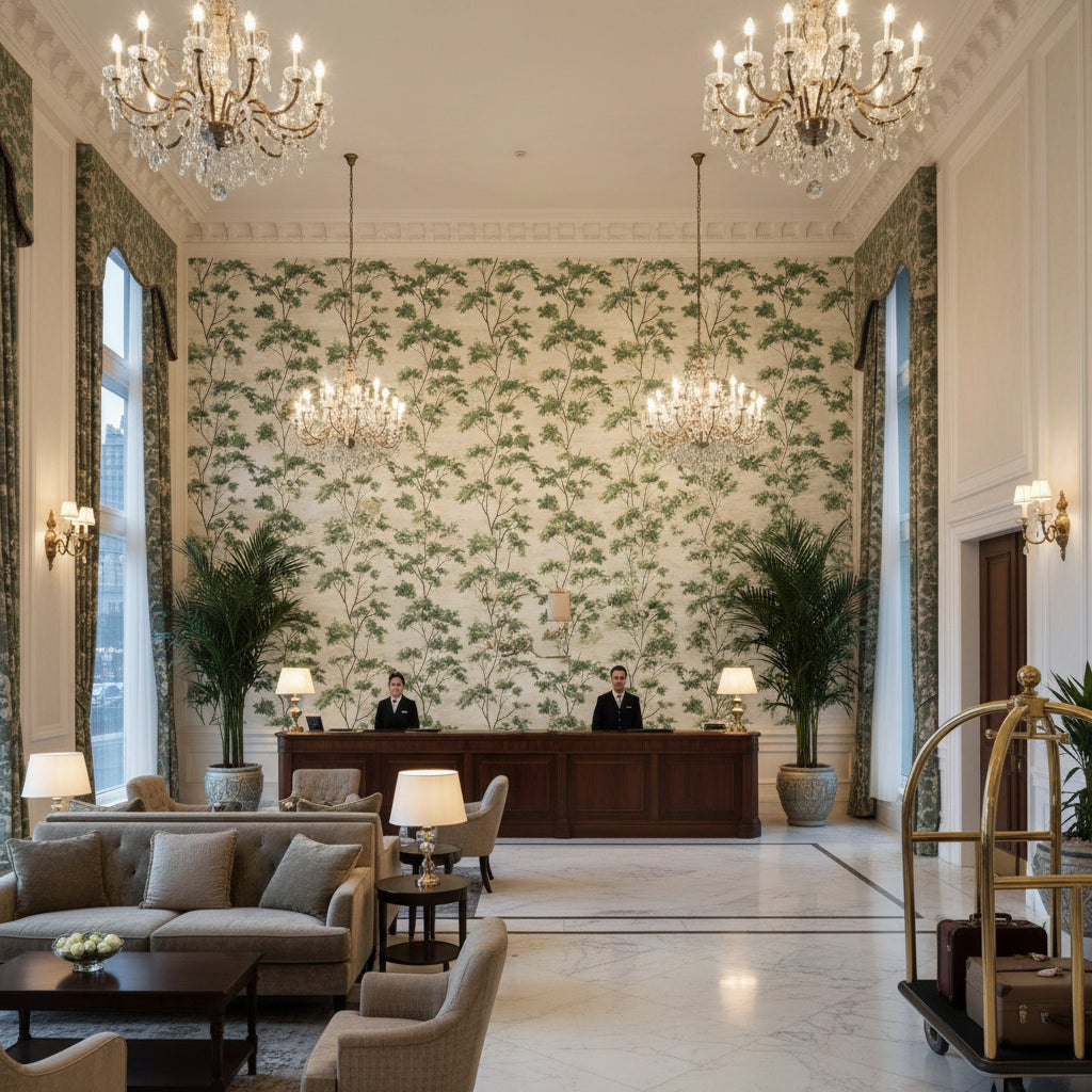 DALTON Fabrics (AF16169) – Green | Thibaut - Hotel Lobby Visualization (AI-generated, may not be to scale. Verify pattern scale with product specifications.)