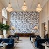 DALTON Fabrics (AF16170) – Blue and White | Thibaut - Hotel Lobby Visualization (AI-generated, may not be to scale. Verify pattern scale with product specifications.)