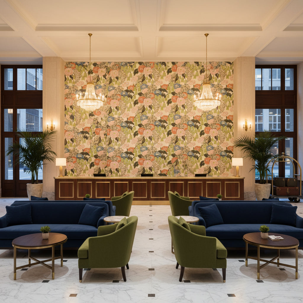 LAURA Fabrics (AF23100) – Blush and Green | Thibaut - Hotel Lobby Visualization (AI-generated, may not be to scale. Verify pattern scale with product specifications.)
