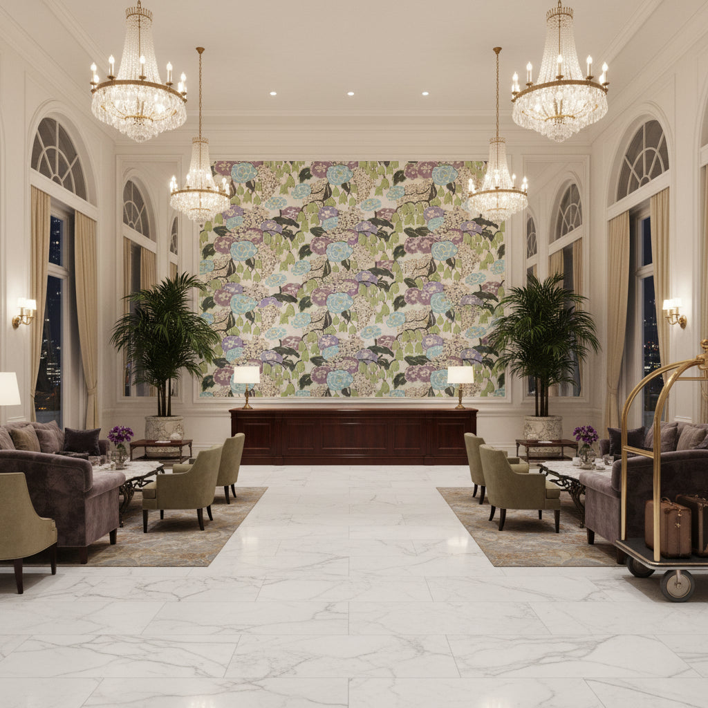 LAURA Fabrics (AF23101) – Lavender and Green | Thibaut - Hotel Lobby Visualization (AI-generated, may not be to scale. Verify pattern scale with product specifications.)