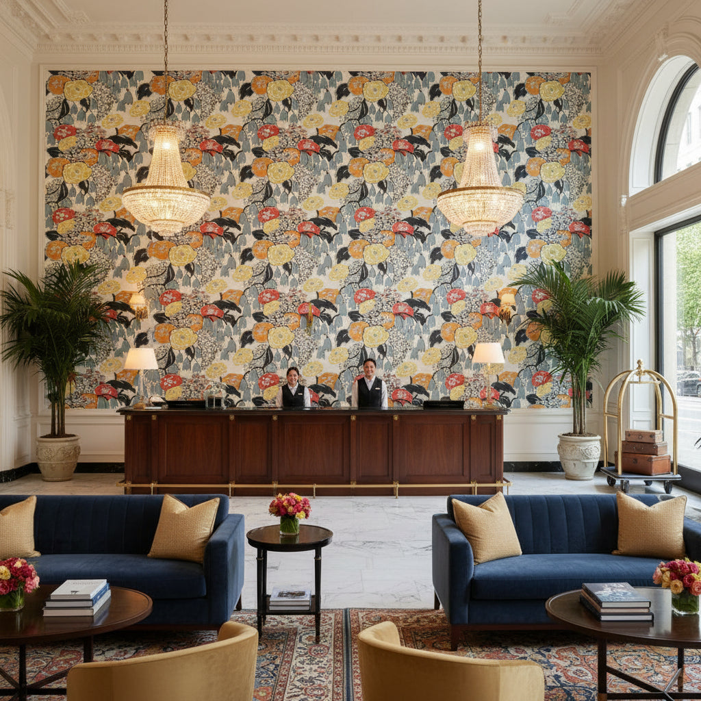 LAURA Fabrics (AF23103) – Coral and Black | Thibaut - Hotel Lobby Visualization (AI-generated, may not be to scale. Verify pattern scale with product specifications.)