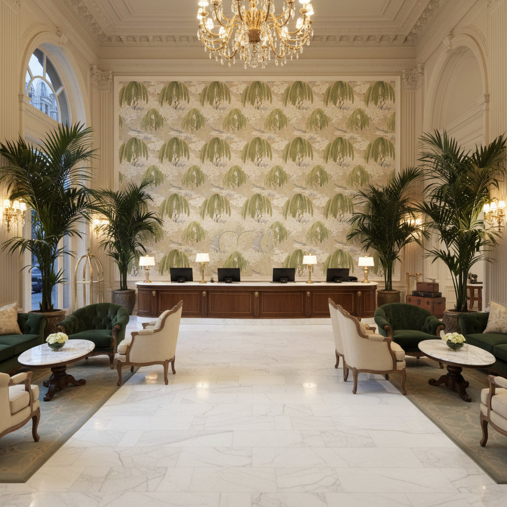 WILLOW TREE Fabrics (AF23106) – Beige | Thibaut - Hotel Lobby Visualization (AI-generated, may not be to scale. Verify pattern scale with product specifications.)