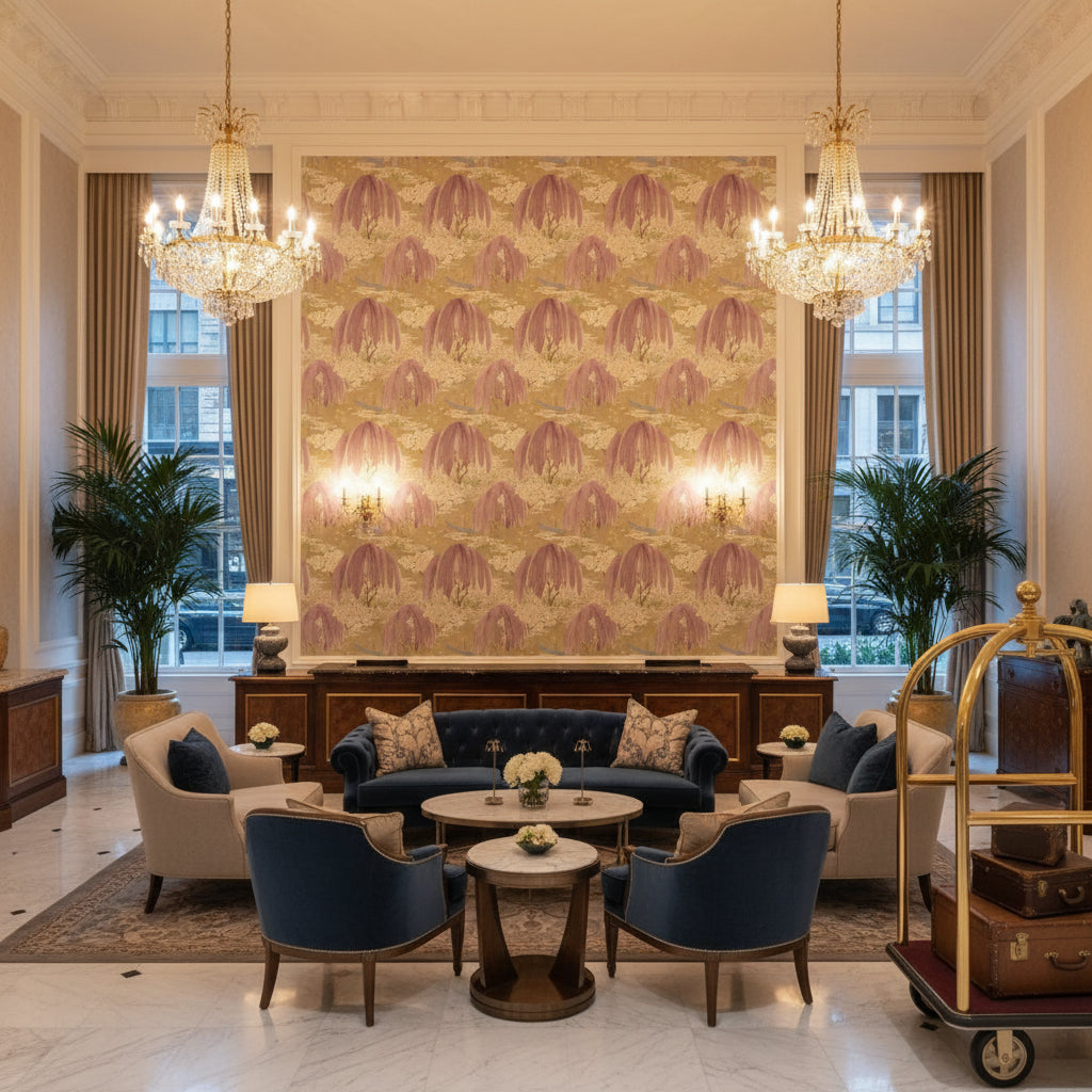 WILLOW TREE Fabrics (AF23107) – Lavender | Thibaut - Hotel Lobby Visualization (AI-generated, may not be to scale. Verify pattern scale with product specifications.)