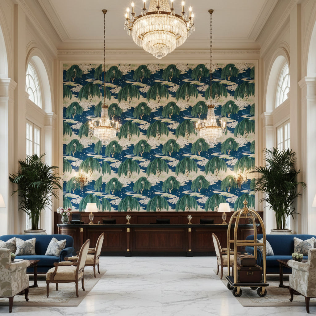 WILLOW TREE Fabrics (AF23110) – Navy | Thibaut - Hotel Lobby Visualization (AI-generated, may not be to scale. Verify pattern scale with product specifications.)