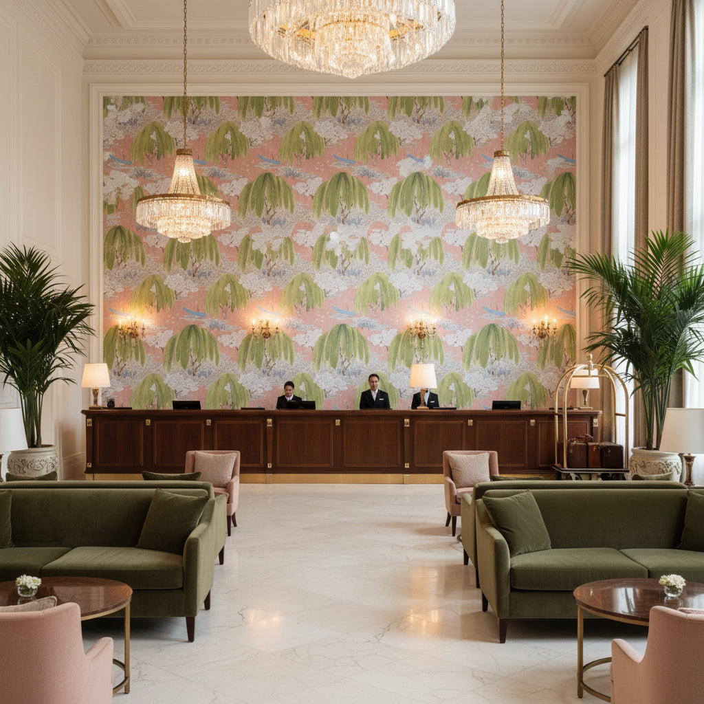 WILLOW TREE Fabrics (AF23111) – Blush | Thibaut - Hotel Lobby Visualization (AI-generated, may not be to scale. Verify pattern scale with product specifications.)