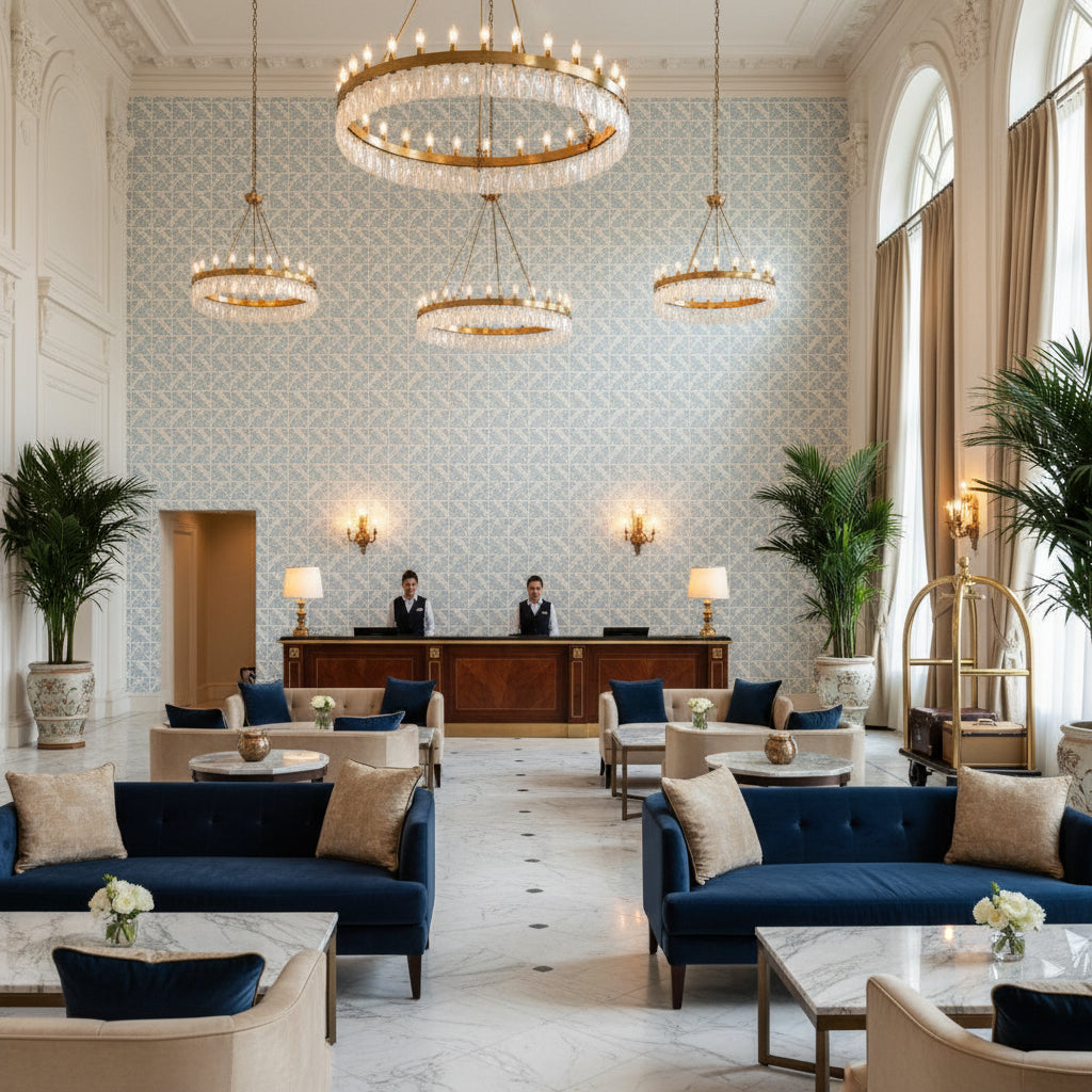 BLOOMSBURY SQUARE Fabrics (AF23114) – Soft Blue | Thibaut - Hotel Lobby Visualization (AI-generated, may not be to scale. Verify pattern scale with product specifications.)