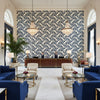 BLOOMSBURY SQUARE Fabrics (AF23119) – Navy | Thibaut - Hotel Lobby Visualization (AI-generated, may not be to scale. Verify pattern scale with product specifications.)