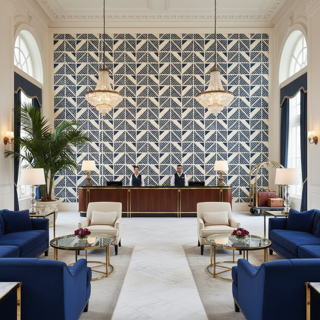 BLOOMSBURY SQUARE Fabrics (AF23119) – Navy | Thibaut - Hotel Lobby Visualization (AI-generated, may not be to scale. Verify pattern scale with product specifications.)