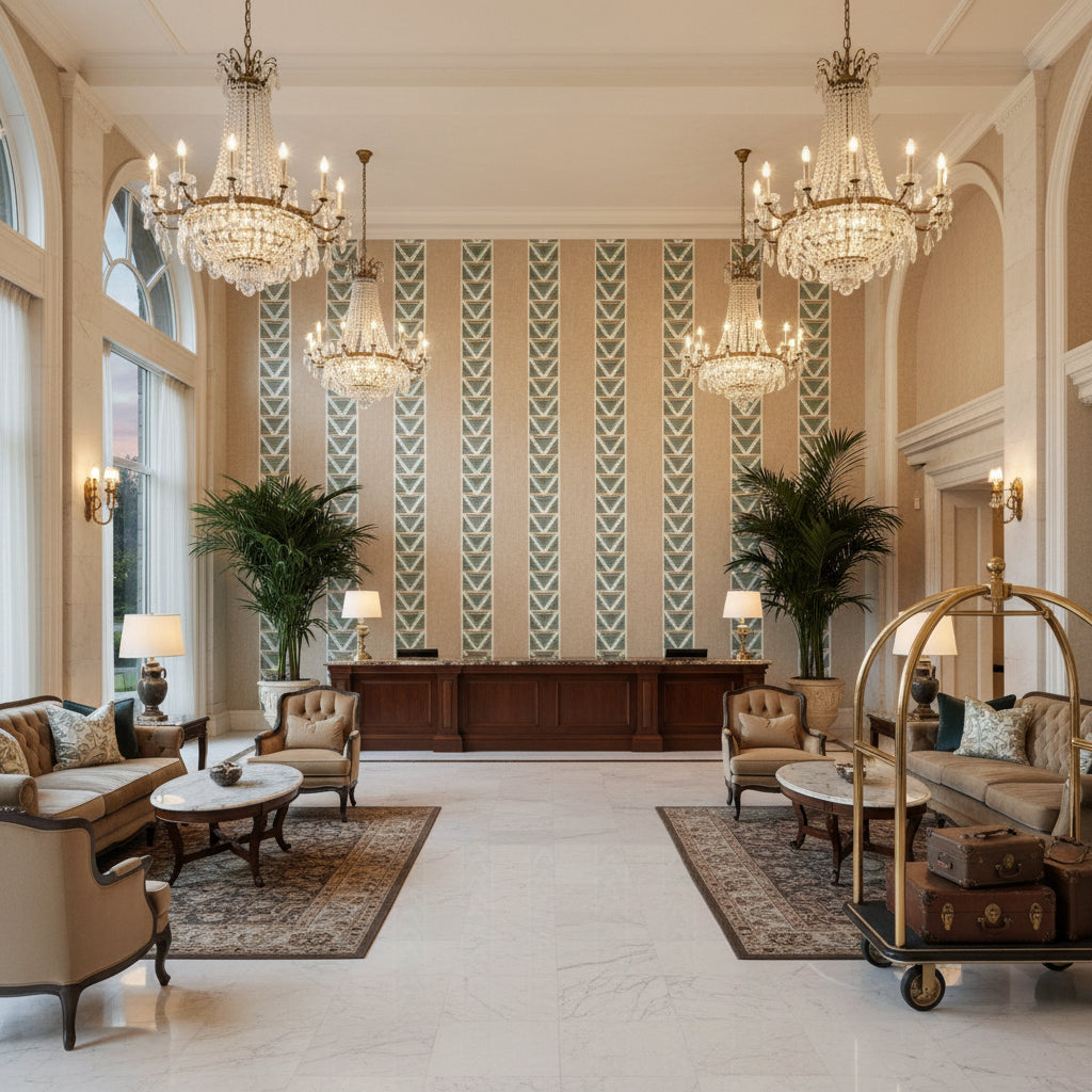BURTON STRIPE Fabrics (AF23121) – Linen and Turquoise | Thibaut - Hotel Lobby Visualization (AI-generated, may not be to scale. Verify pattern scale with product specifications.)