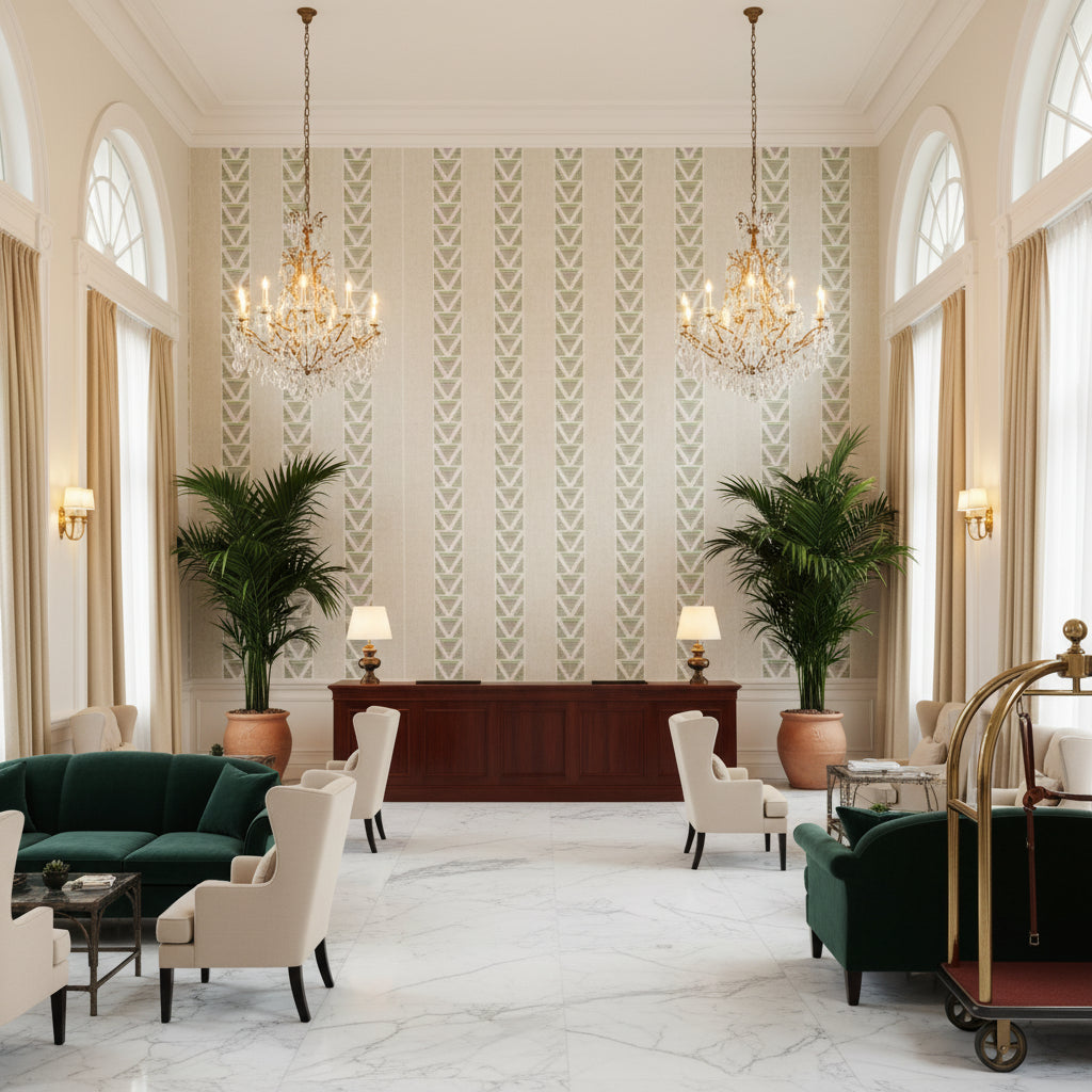BURTON STRIPE Fabrics (AF23122) – Lavender and Sage | Thibaut - Hotel Lobby Visualization (AI-generated, may not be to scale. Verify pattern scale with product specifications.)